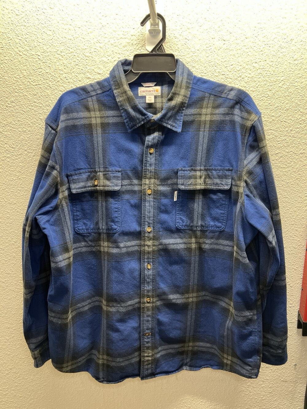 Carhartt Mens 2XL Tall Blue Plaid Flannel Shirt Original Fit Long Sleeve Cotton